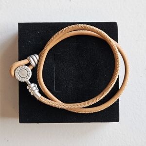 Pandora Tan Smooth Leather Bracelet 14" Double Wrap Sterling Silver Logo Clasp